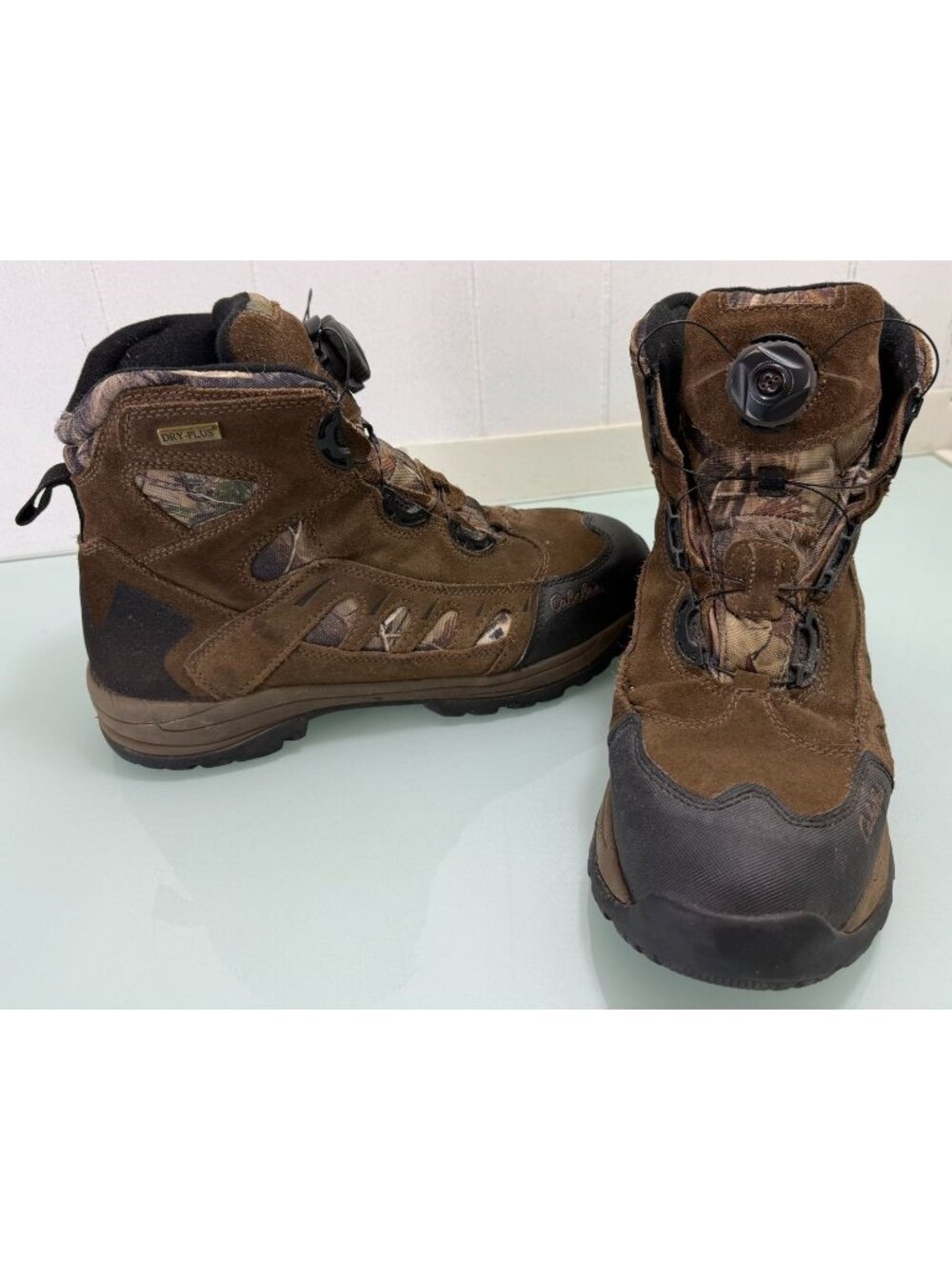 Cabela's Boots Mens 11.5 D Brown Black Suede Boa Camo Insulated Dry-Plus Hiking